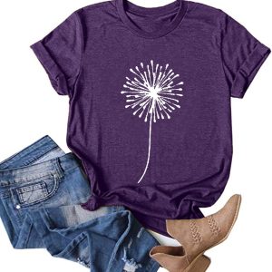 Dandelion Print T Shirt for Women Cute Graphic Tees Summer Short-Sleeve Shirts Tunic Tops Casual Blouses
